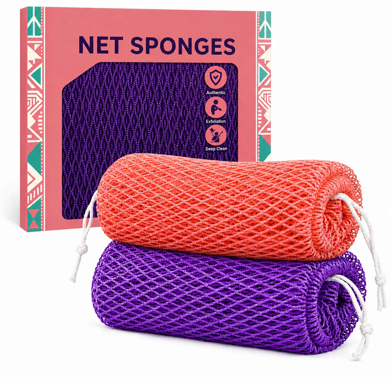 2Pcs  Net Sponge Authentic with Knots - Exfoliating Body | Scrubber for All Skin Types, African Bath Sponge, Wash Cloth, Gentle Exfoliation Shower Rag for Women Daily Use