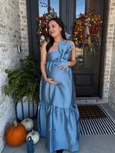 Elegant Satin Bow A-Line Dress for Pregnant Women, Maternity Clothing, Long Sleeve Party Gown, Plain Pattern, Single Shoulder Design