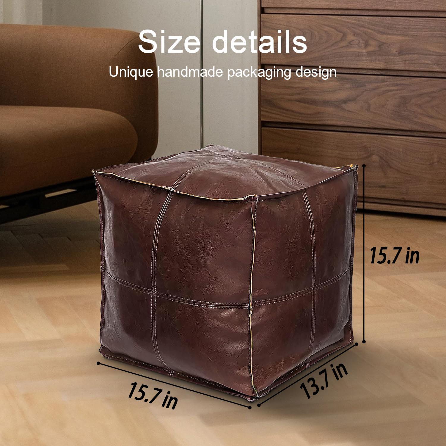 Soft Leather Pouf Ottoman Foot Rest, Unstuffed Floor Cushion with Storage, Handcrafted Foot Stool for Living Room Bedroom, Indoor Outdoor Use, 17 Inch