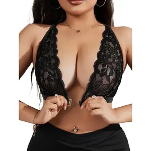 Women's Plus Size Wireless Bra Floral Lace Criss Cross Scallop Trim Front Closure Bralette
