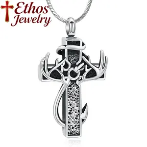 Ethos Stainless steel cross pendant that can be opened to hold ashes, antler cross ashes necklace, pet ashes urn