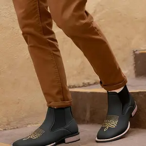 Retro Western Cowboy Chelsea Boots for Men - Square Toe, Ankle Length, Brown and Black, Slip-On Style with Rubber Sole, Comfortable for Casual Wear, Western Footwear |     Elegant boots for men |     Durable rubber sole Weight Bathroom