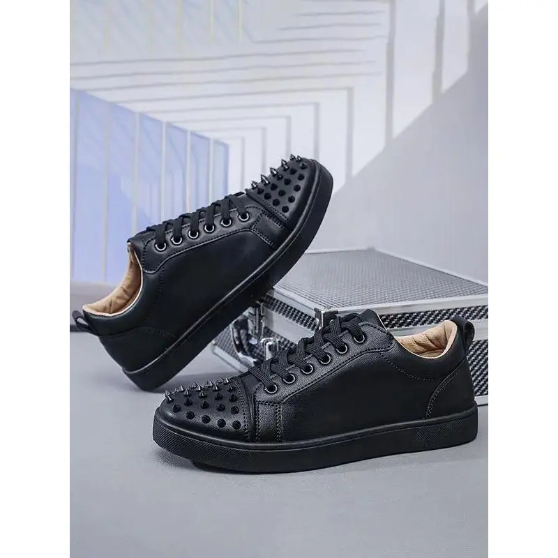 2026 ""People with Wider Feet Please Choose One Size Larger ""Men's Fashionable Studded Decor Lace Up Skate Shoes Casual Comfortable Sports for Daily Wear Male All-match Round Toe men style stylish trendy versatile