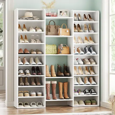 Unikito Wooden 14-Tier Shoe Rack Organizer, Freestanding Multifunctional Home Storage Rack with 22 Open Shoe Cubbies for Entryway, Living Room