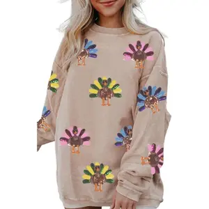 Apvirdy Womens Sequin Turkey Thanksgiving Sweatshirt Crewneck Long Sleeve Drop Shoulder Corded Thanksgiving Outfit 2025 Pullover Womenswear Oversized Casual Tops Graphic Hoodie Apricot Women's Half Zip Fleece