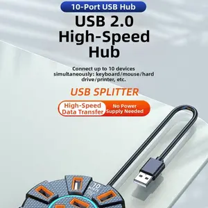 10-port USB 2.0 hub, multi-port expansion splitter, power adapter, external power supply, compatible with various systems, universal travel adapter for laptops and desktops, retractable car charger gadget, equipped with seven-color LED lights