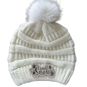 I Smell Snow, white Pom pom beanie, Gilmore Girls, Stars Hollow, Cream Leather Patch, Fall Apparel for Women, Winter hat, Gift for Mom, Warm