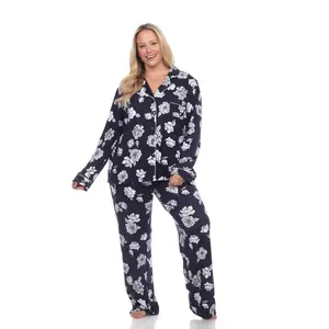 212 MAIN Women's Plus Size Matching Floral Print Long-Sleeve Pajama Set - Polyester Blend Top & Pants Loungewear Nightwear, Style PS13686 (Size 21-2X)