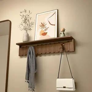 1pc Wall-Mounted Multi-Hook Coat Rack with Storage Shelf, Modern Key Rack, Durable Rubberwood Construction, Shelves for Bedroom, Hangs Jackets Hats Bags Towels Dog Leashes, Home Decor for Entryways Hallways