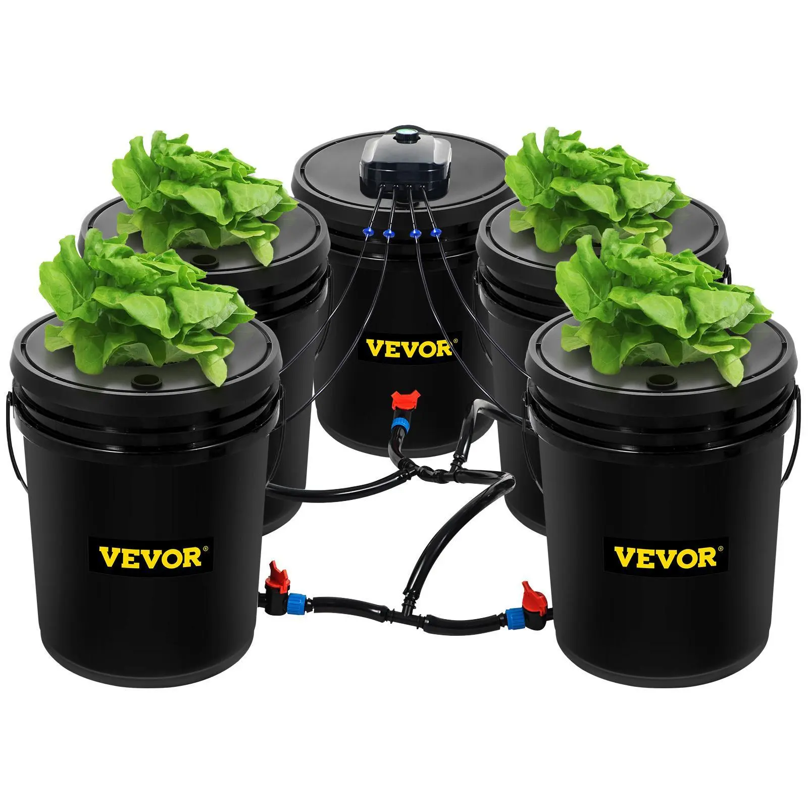 【FathersDayGift】VEVOR DWC Hydroponic System,  5 Gallon 5 Buckets, Deep Water Culture Growing Bucket, Hydroponics Grow Kit with Pump, Air Stone and Connected Reservoir, for Indoor/Outdoor Leafy Vegetables