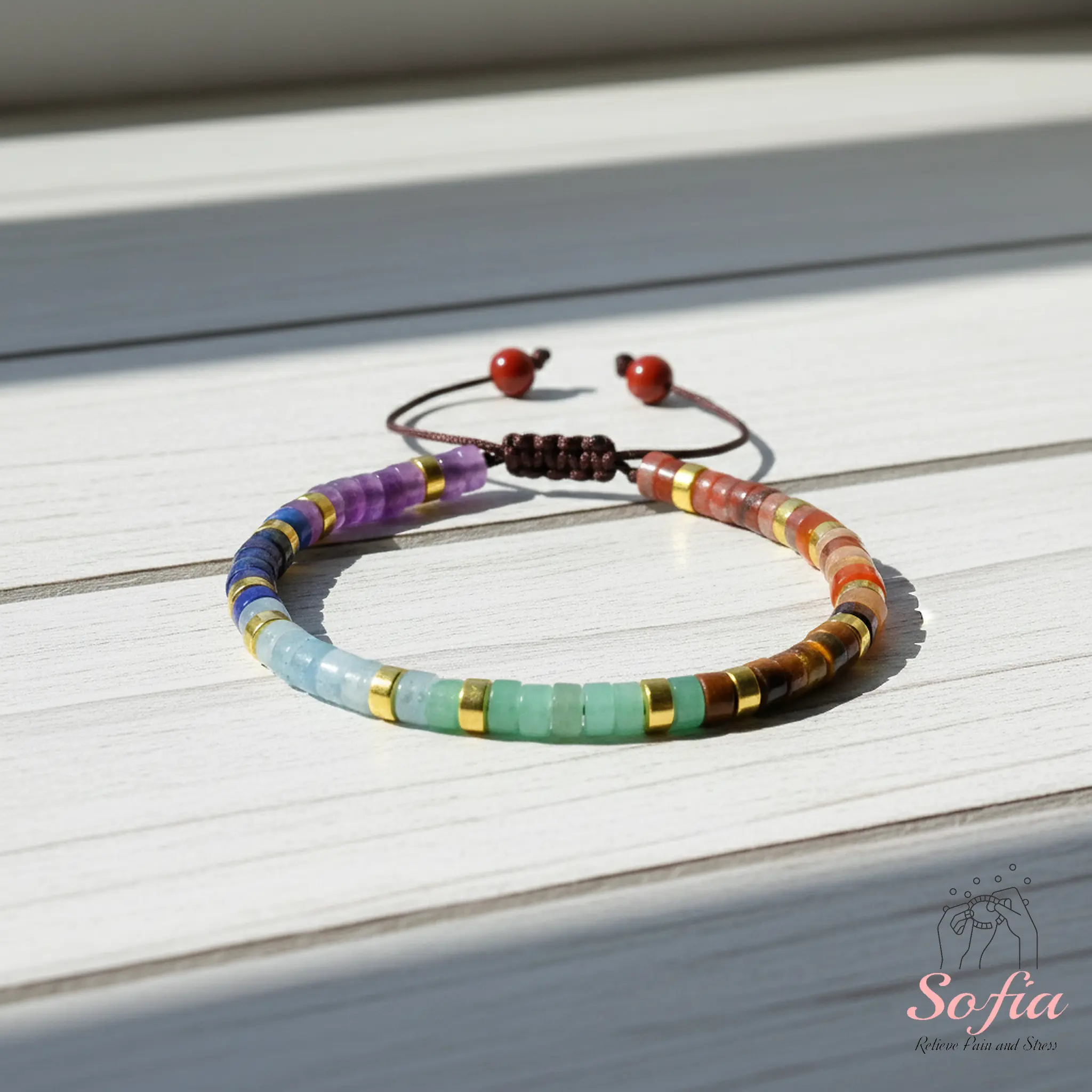 Sofia Natural Chakra Stone Bracelet Chakra Healing Crystal Barrel Gemstone Braided Dainty Bracelet Minimalist Style for Daily Use Handmade Adjustable, Mother's Day Gift