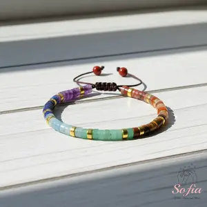 Sofia Natural Chakra Stone Bracelet Chakra Healing Crystal Barrel Gemstone Braided Dainty Bracelet Minimalist Style for Daily Use Handmade Adjustable, Mother's Day Gift