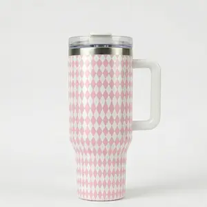 Preppy Pink Diamond 40oz Tumbler with Handle Portable Travel Coffee Cup Unique Birthday Mothers Day Presents for Her Women