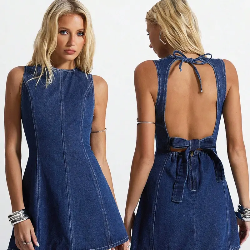 Women's Solid Color Backless Sleeveless Mini Denim Dress with Bowknot, Stylish Chic Summer Beach Style Dress, Casual Summer Dresses, Perfect for Everyday Casual Wear, Trendy Fashion Piece
