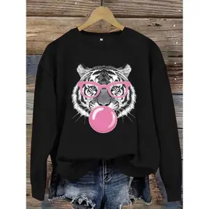 Women's Tiger & Bubble Gum Print Crew Neck Sweatshirt, Casual Long Sleeve Pullover for Daily Wear, Ladies Clothes for Fall & Winter, Hoodie