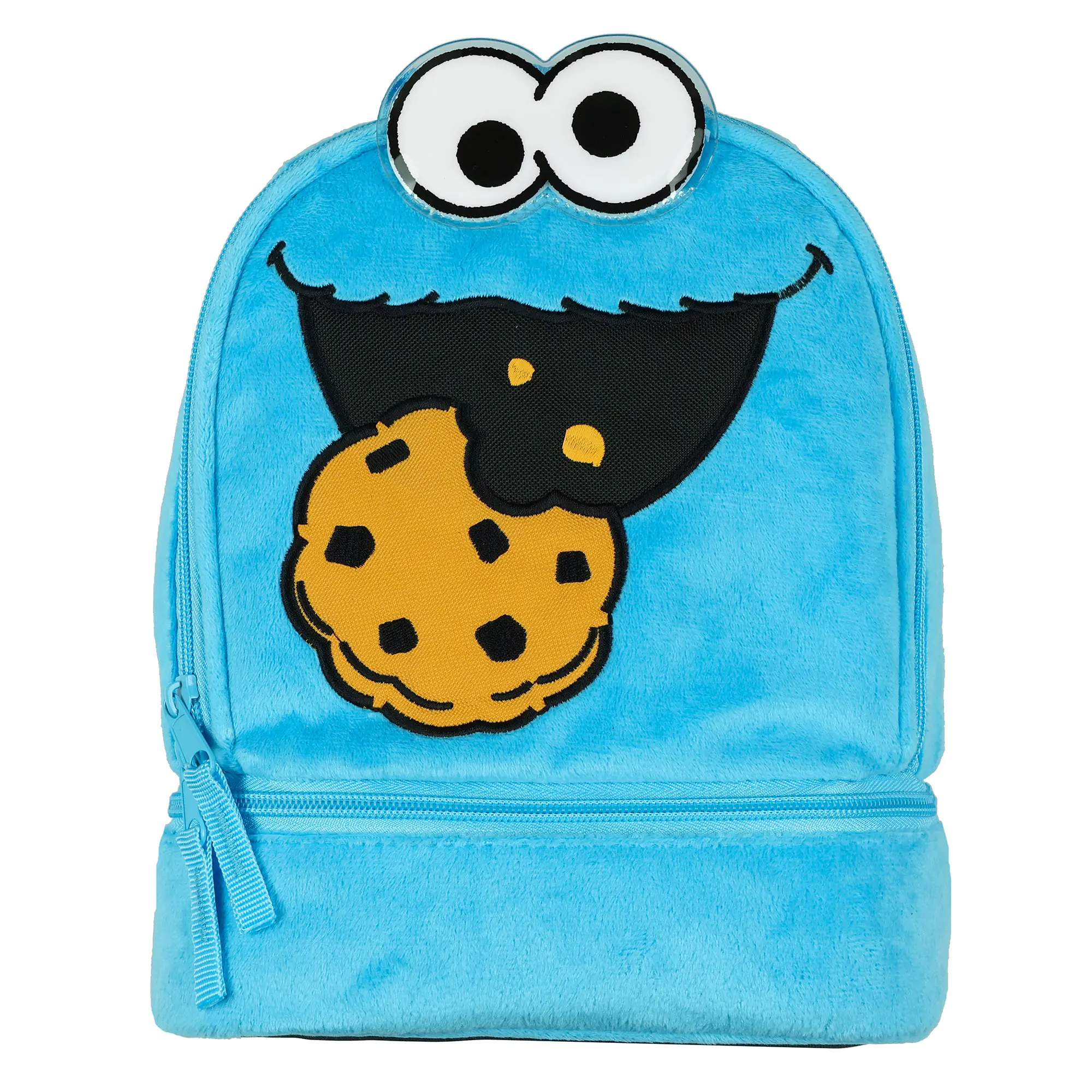 Sesame Street Cookie Monster (Cookie Face) Plush Insulated Dual Comp. Lunch Bag - 10in Lunchbox, Foldable Solid Synthetic Faux Leather, Polyester Zipper Tote, One Size, Portable Lunch Solutions, Back to School
