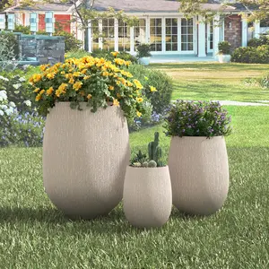 Modern Stone-Textured Outdoor Planters Set of 3, Lightweight MGO Egg-Shaped Flower Pots with Drainage Holes & Rubber Plugs, for Patio, Garden & Indoor Decor