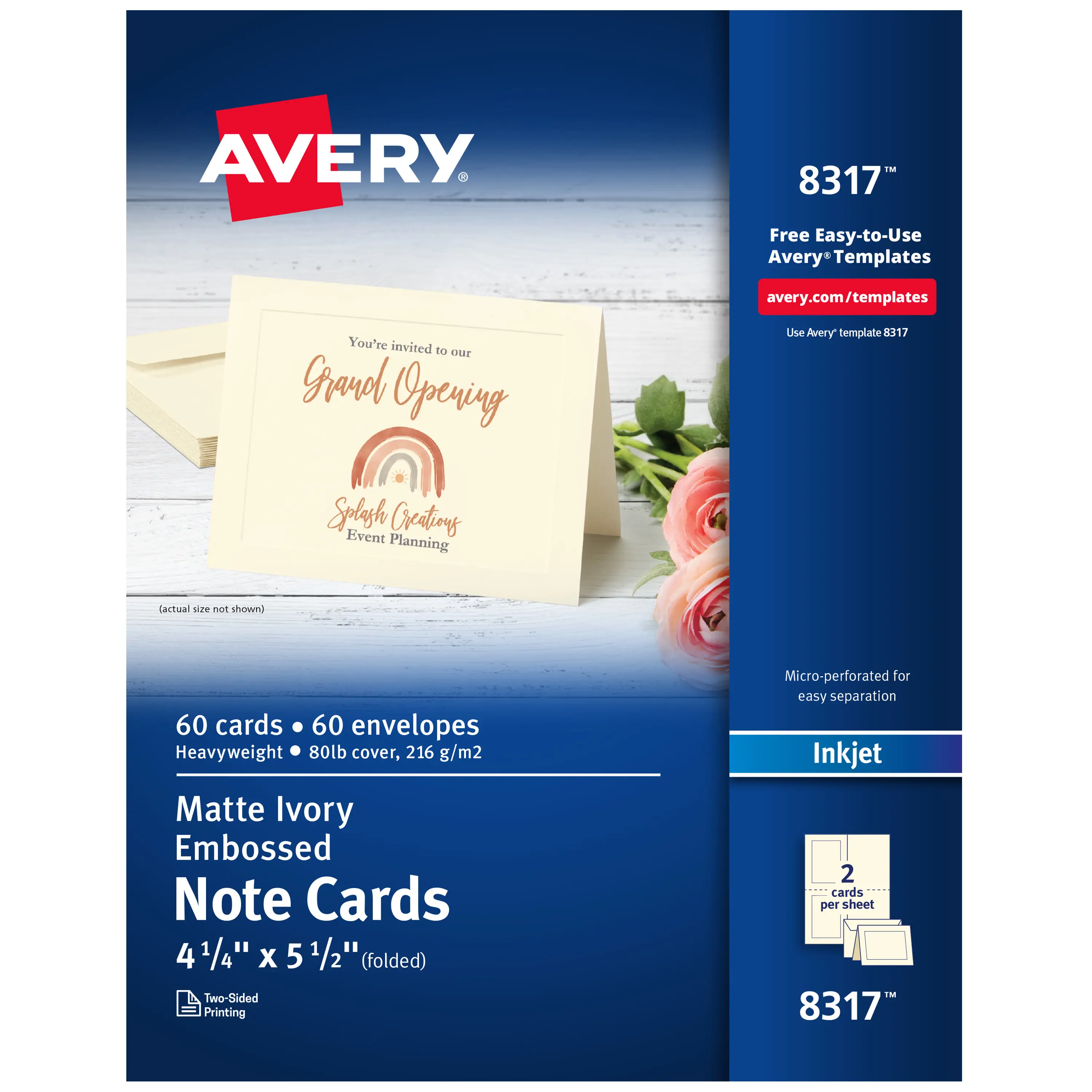Avery Printable Embossed Border Note Cards with Envelopes, 4.25"x5.5" Matte Ivory, Inkjet-Compatible, 60 Blank (8317) for Party Invitations, Holiday Cards, Birthday, Small Business Use
