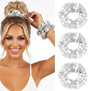 Silver Hair Scrunchies Mirror Disco Ball Hair Ties Glitter Sequin Hair Scrunchy Hair Accessories for Women (Pack of 3) (a-silver set) Crystal Bead Cuffs