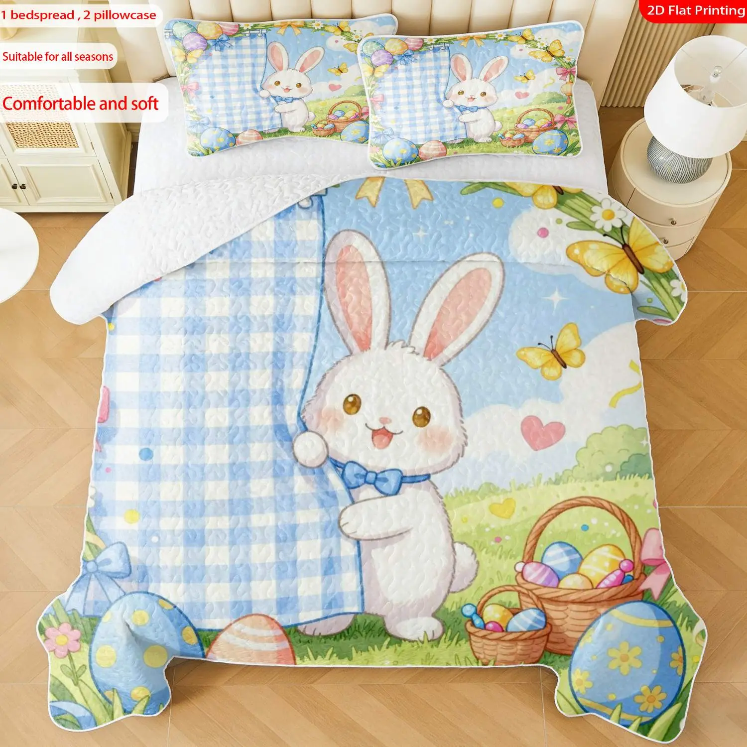 3 pcs, 2D Flat Print Easter Bunny & Eggs Bedspread Set, Soft and Comfortable, Multiple Sizes Available, Suitable for Gifting and Daily Use, Ideal for Creating a Cozy Home Atmosphere(1 bedspread , 2 pillowcases)