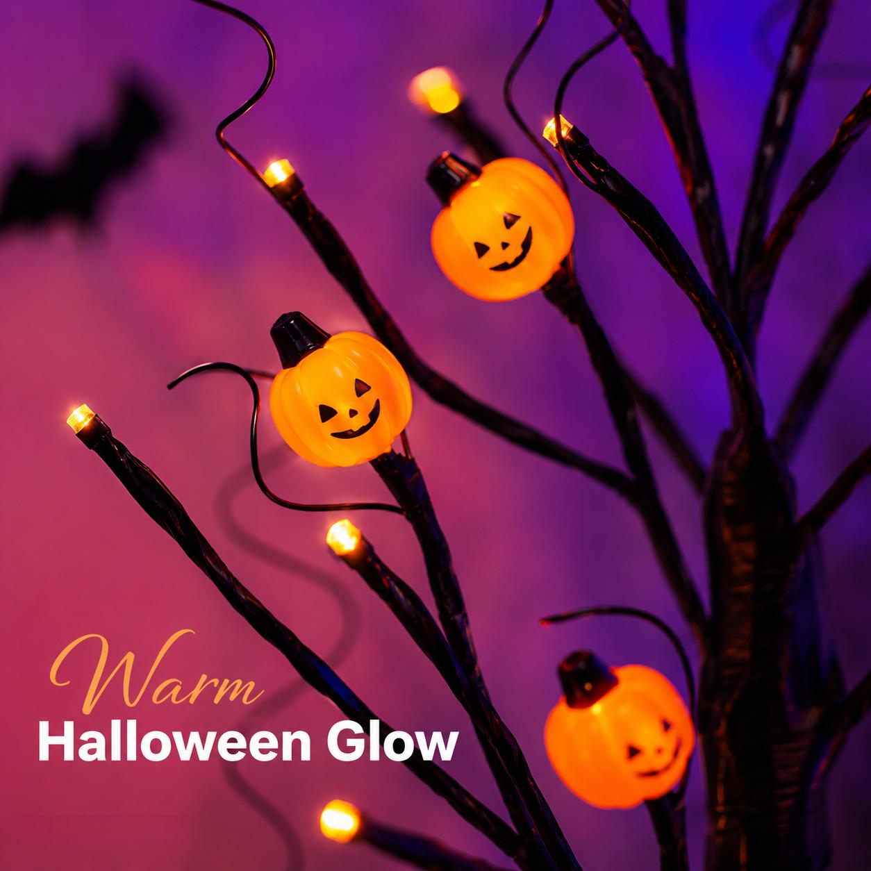 2-Piece Set, Halloween Tree Lights, 24-inch, Orange and Purple Glow, 24 LEDs, USB + Battery Powered, Halloween Decor, Suitable for Indoor Home Haunted Rooms, Fireplaces, Entryways, TV Console Decor