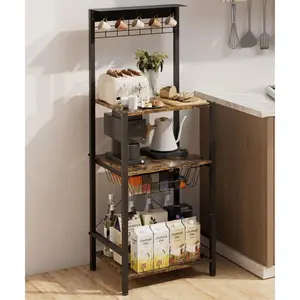 4 Tier Coffee Bar Station, Corner Bakers Rack with 5 Hooks & Wire Basket, Coffee Maker Stand for Small Space, Kitchen Storage Shelf for Entryway, Living Room, Café, Black, 16.5"x13"x47.8"