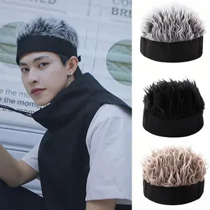 1pc Men'S Personalized Knit Beanie Hat With Fake Hair, Novelty Men'S Wig Cap, Fashionable Brimless Cap, Men'S Party Cosplay Accessory, Sporty Short-Haired Prank Wig Cap With Gray Plush Wig, Black And White Headband For Fun Party Accessories, Straight Hair