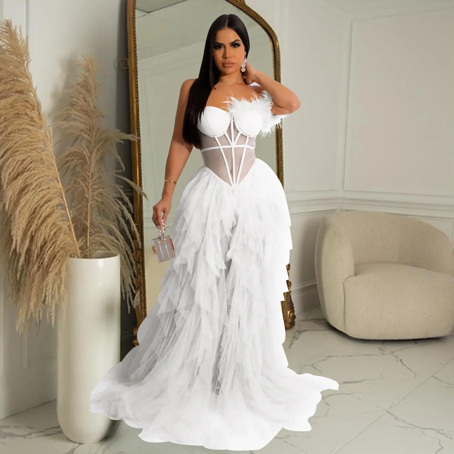 Feather Corset Tulle Gown