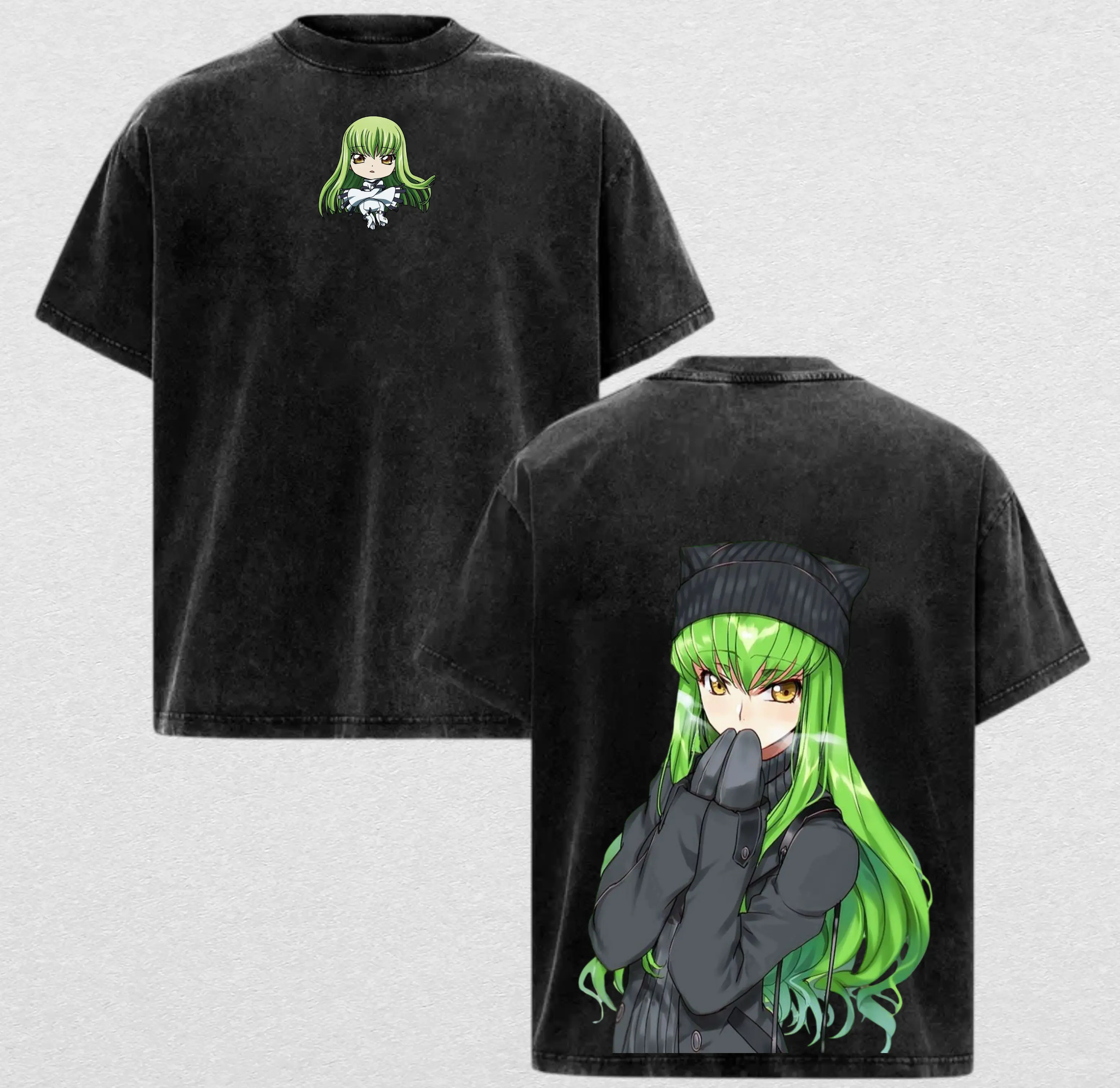 C.C. | Code Geass Washed Tee Streetwear Hoodie “Immortal Witch Silent Mystery Pizza Lover” — For Anime Fans For Drops That Radiate Enigmatic Charm