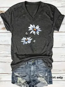 Women's Floral Print V Neck Tee, Casual Elegant Short Sleeve T-shirt for Summer, Ladies Clothes for Daily Wear, Top