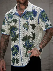 Men's Summer Holiday Tropical Floral Knit Button Front Short Sleeve Shirt, Casual Fitted Hollow Out Design, Perfect for Daily Wear