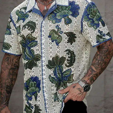 Men's Summer Holiday Tropical Floral Knit Button Front Short Sleeve Aloha Style Casual Party Shirt, Casual Comfy Collared Fitted Hollow Out Design, Perfect for Daily Wear, Casual Outings Shirt