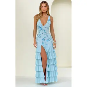 Eleanor Blue Sequin Ruffle Hem Maxi Dress