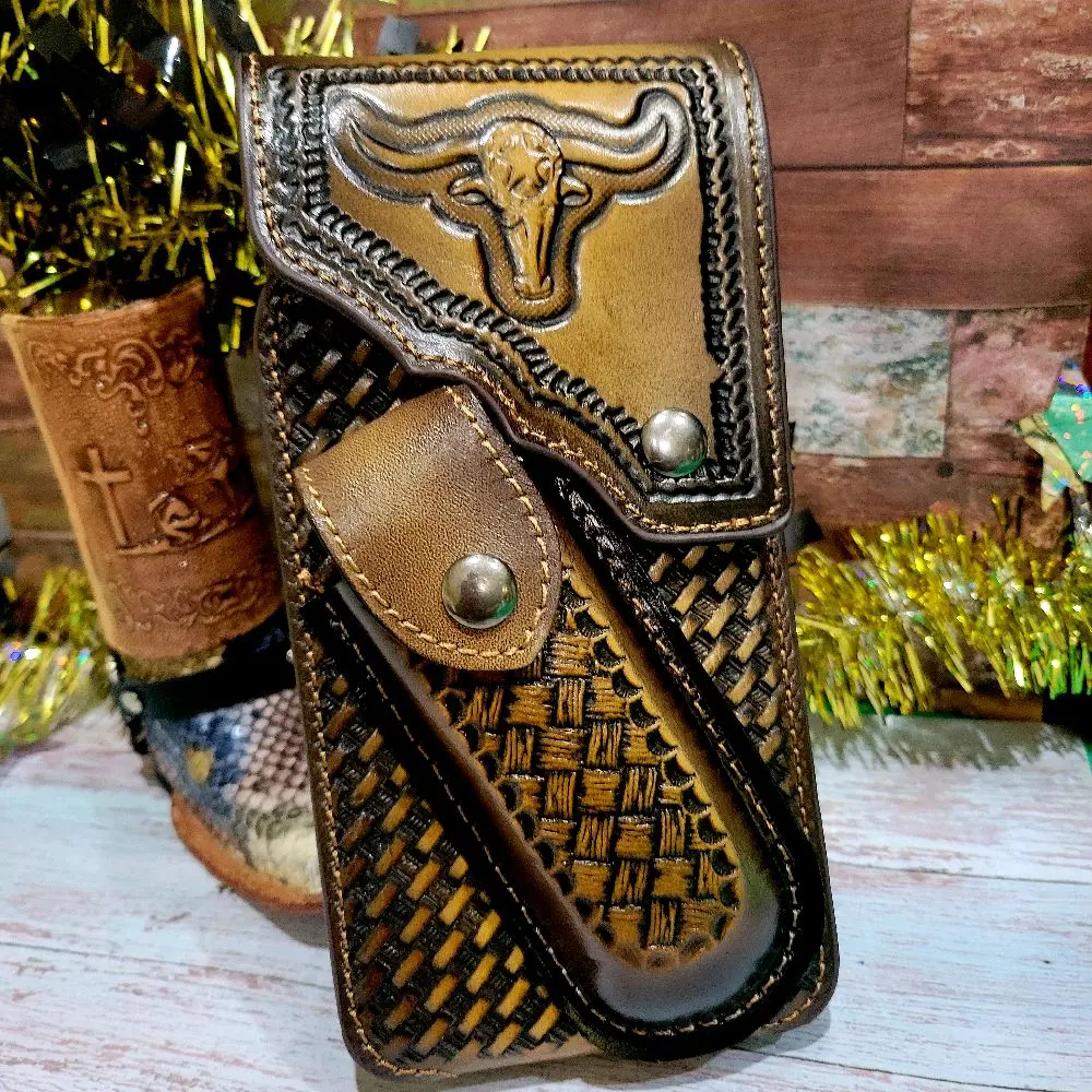Longhorn Western Phone Holster Genuine Leather Phone Belt Holster and Knife Holder Hand Tooled magnetic closure Handmade  Durable Craftsmanship Authentic Style with belt clip