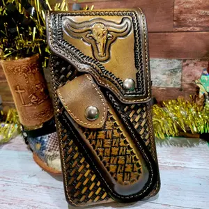 Longhorn Western Phone Holster Genuine Leather Phone Belt Holster and Knife Holder Hand Tooled magnetic closure Handmade  Durable Craftsmanship Authentic Style with belt clip