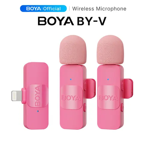 BOYA BY-V2-P 2.4GHz RF Wireless Lapel Noise Cancelling Mics - 2 Transmitters, 95mAh Batteries, Plug-in Power, Lightning/USB-C Cable, Camera/Smartphone Compatibility for Hands-Free Audio Capture