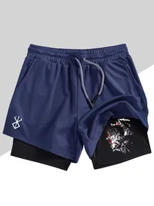 Men's 2-in-1 double-layer, Lightweight breathable shorts, casual, breathable and quick-drying for sports and fitness, featuring a side profile graphic, with pockets, suitable for outdoor activities