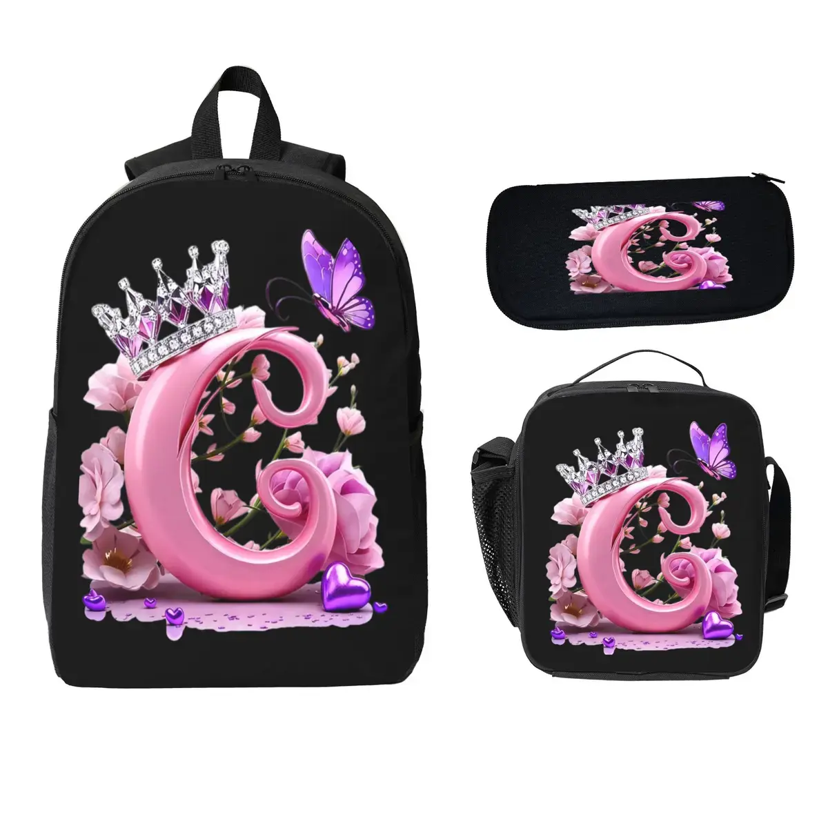 Initial Letter C Crown Pink Floral Butterfly Backpack Set 3 Pieces, Monogram Letter C Bookbag with Insulated Lunch Bag & Pencil Case, Queen Floral Aesthetic Back to School Backpack for Girls Teen Youth