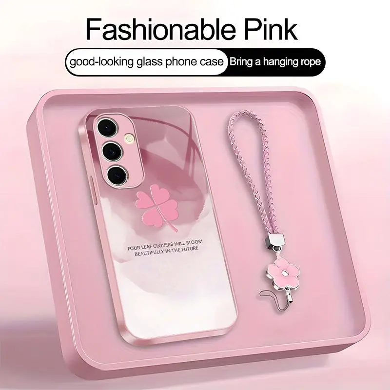 Suitable for [Galaxy S24 Fe] high-end women's phone case🤩，a beautiful four-leaf clover lanyard is included🍀, high-end ink painting clover designaffordable price, drop-resistant and fingerprint-proof YM99