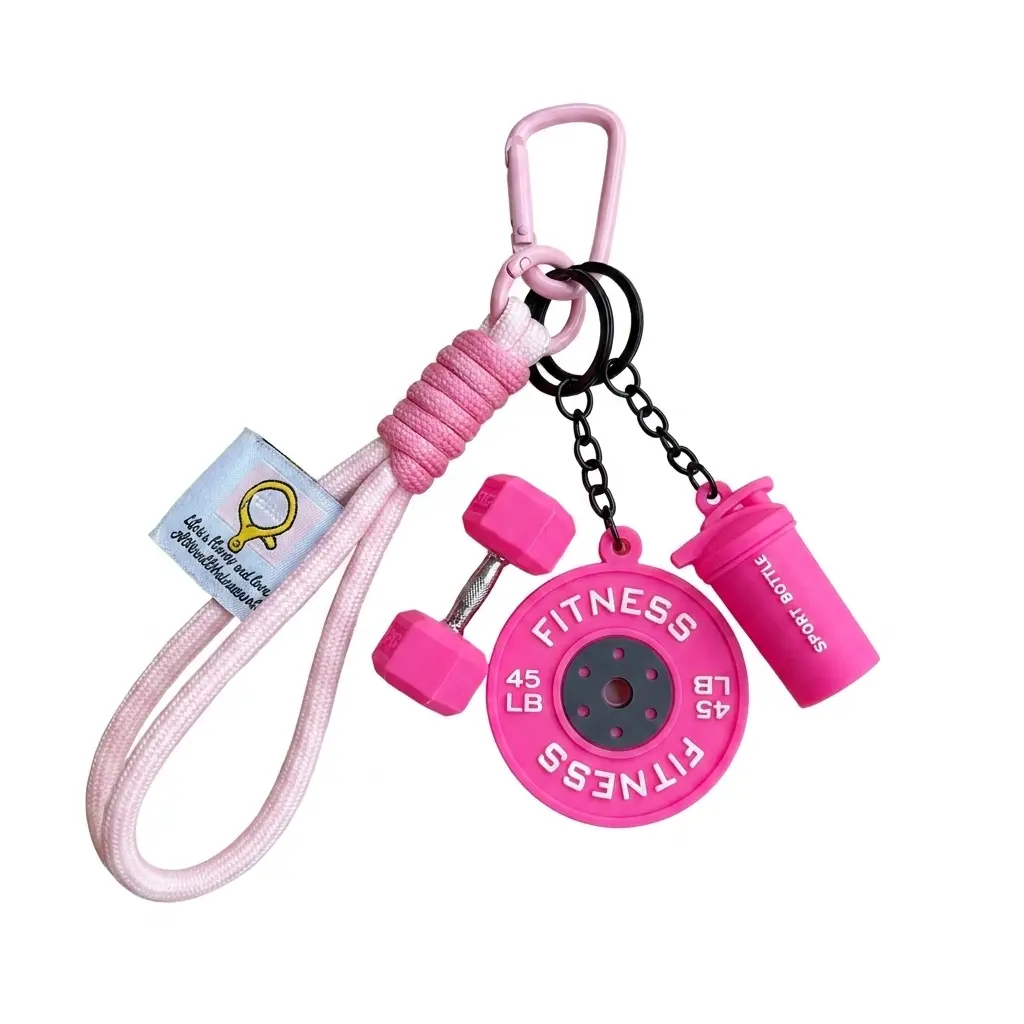 Gym Barbell Plate Dumbbell Kettlebell Keychains - Couple Sports Charm with Soft Silicone Parts, Sturdy Metal Handle for Car Keys, Bags, Weight Plate