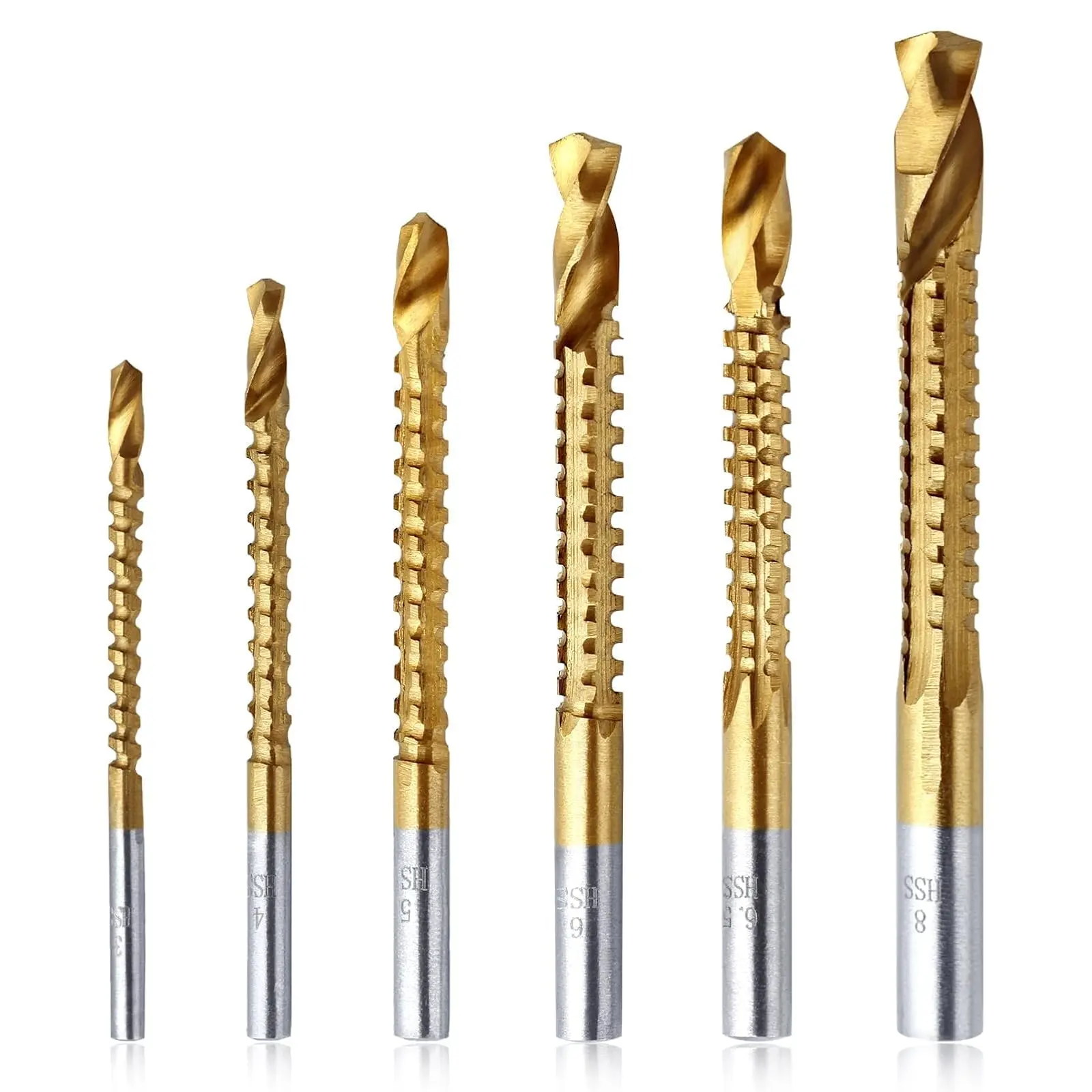 SPEEDWOX 6Pcs Drill Bits 3-8mm Serrated Side Cutting Drill Bit Impact Drill Bit Titanium Coated HSS Twist Drill Bits Titanium HSS Drill & Saw Bit Set Woodworking Tools for Plastic Metal Wood Hole