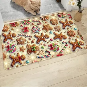 Jit-1 Gingerbread Man Cane Decorative Door Mat, Soft Flannel Indoor Rug, Non-Slip Floor Mat for Entryway, Living Room, Hallway, Bedroom, Bathroom
