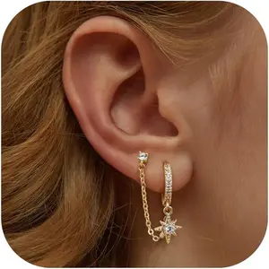 CASSIECA Double Earrings for Women 14K Gold-plated Double Piercing Stud Earrings 925 Silver  Hoop Earrings with Chain Hypoallergenic Zirconia Silver Dangling Earrings for Multiple Piercings Studearrings