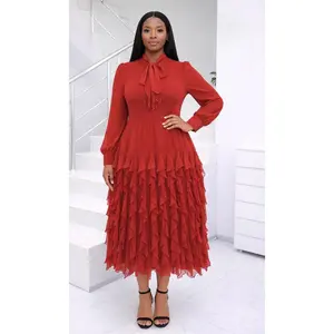 Elegant Red Ruffle Midi Dress with Tie Neck | Godshand Fashion Empire