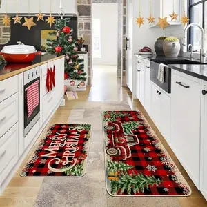 2-Piece Christmas Kitchen Mat Set with Non-Slip Washable Polyester, Truck and Buffalo Check Design, Checkered Rug for Home and Bathroom Decor