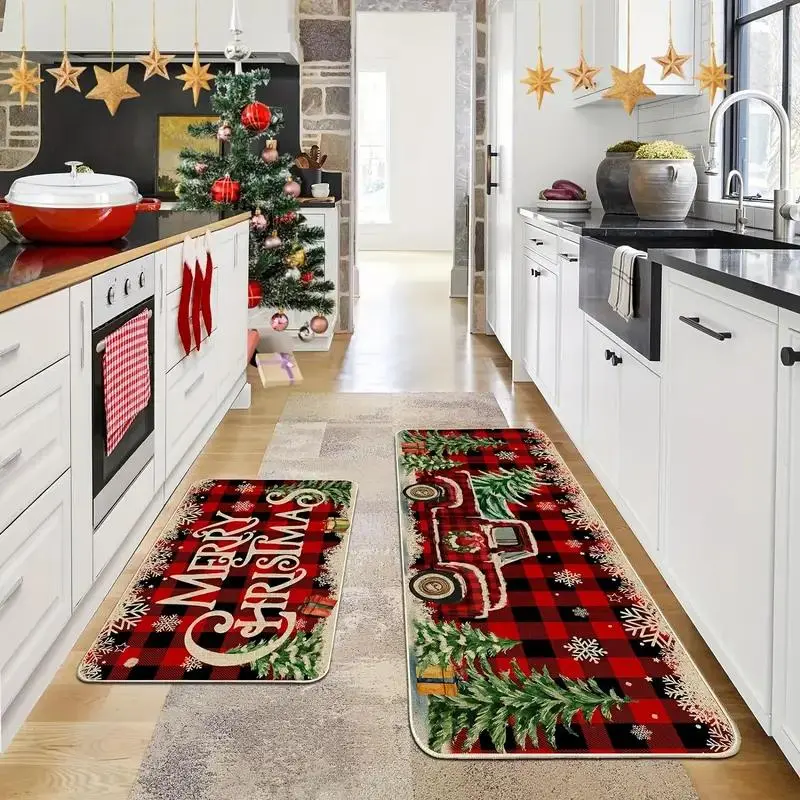2-Piece Christmas Kitchen Mat Set with Non-Slip Washable Polyester, Truck and Buffalo Check Design, Checkered Rug for Home and Bathroom Decor