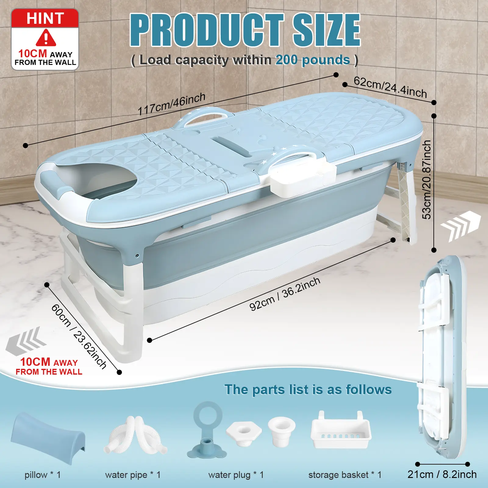 Foldable Collapsible Bathtub, 58/50/46 in Freestanding Surround Tub with Load Capacity, Portable Adult Multi-Use Tub for Hot/Ice Baths (Blue)