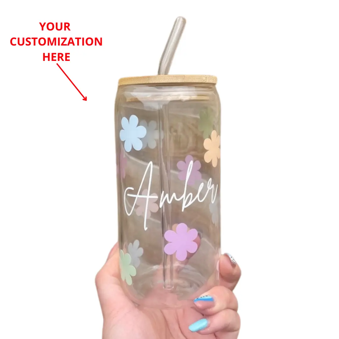 [CUSTOMIZED] Flower Glass Tumbler with Straw and Bamboo Lid - Custom Name, 16oz Pastel Iced Coffee Cup, Libbey Cup
