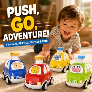 4 Pack Press and Go Baby Car Toys, Friction Push Vehicle Toys for Toddlers, New Year Christmas First Birthday Gifts