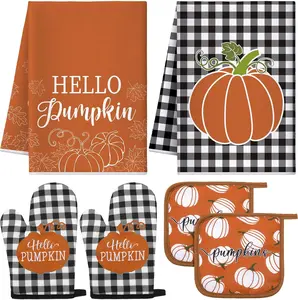 6 Pack Fall Thanksgiving Kitchen Set with 2 Hello Pumpkin Dish Towels, 2 Pot Holders and 2 Buffalo Plaid Oven Mitts for Gifting, Baking and Cooking Bakeware
